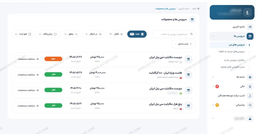فهرست سرویسهای خریداریشده در ناحیه کاربری