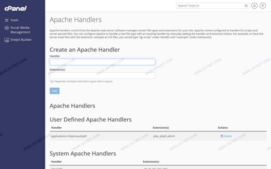 بخش Apache Handlers در سیپنل