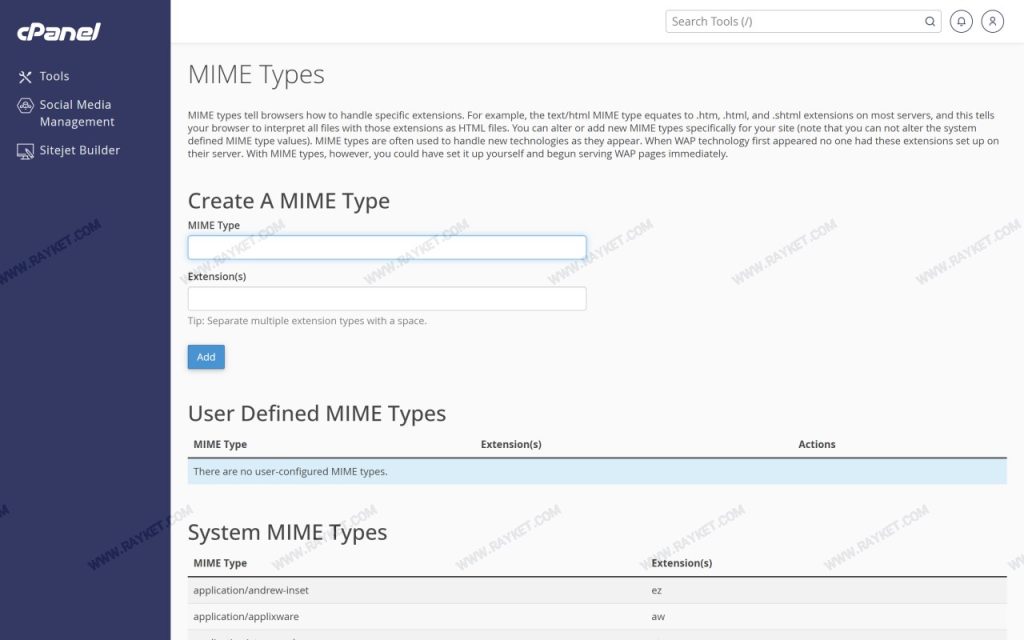 بخش MIME Types در سیپنل