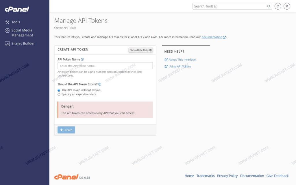 بخش Manage API Tokens در سیپنل