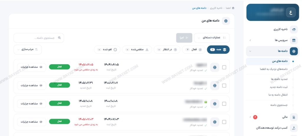 فهرست دامنه‌ها در ناحیه کاربری رایکت