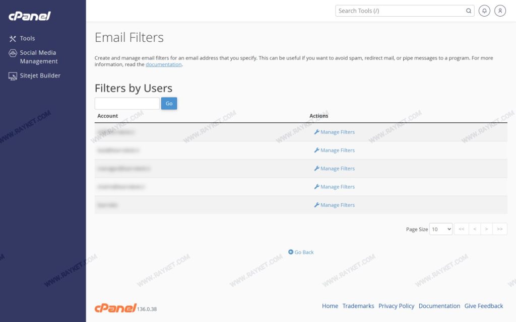 بخش Email Filters در سیپنل