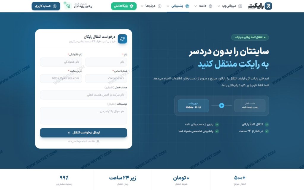 صفحه انتقال رایگان سایت به رایکت