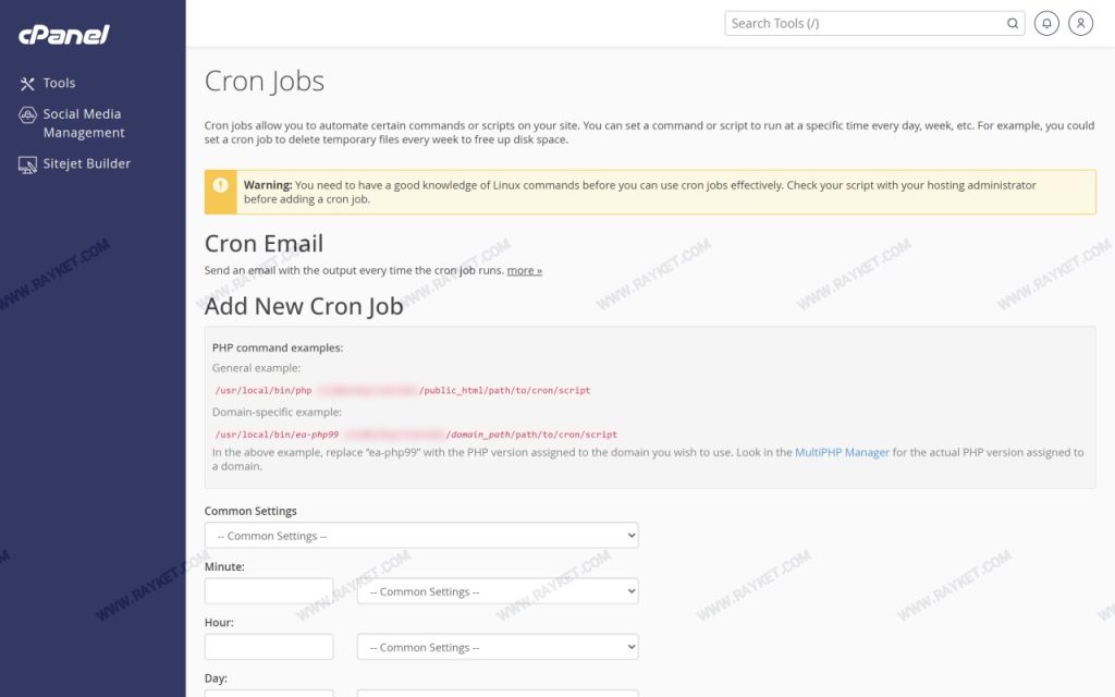 صفحه Cron Jobs در سی‌پنل برای زمان‌بندی اجرای دستورها