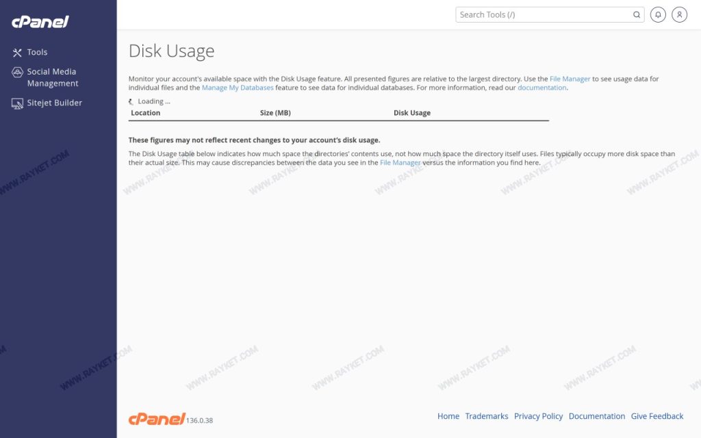 صفحه Disk Usage در سیپنل برای بررسی فضای مصرفی