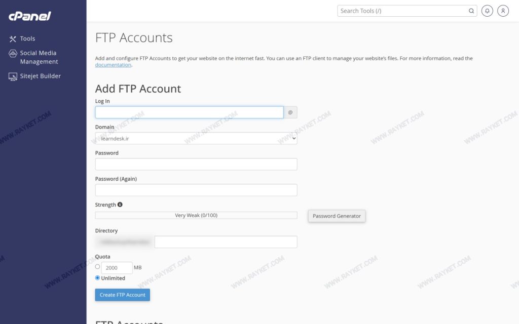 صفحه FTP Accounts در سی‌پنل برای ساخت و مدیریت اکانت‌های FTP