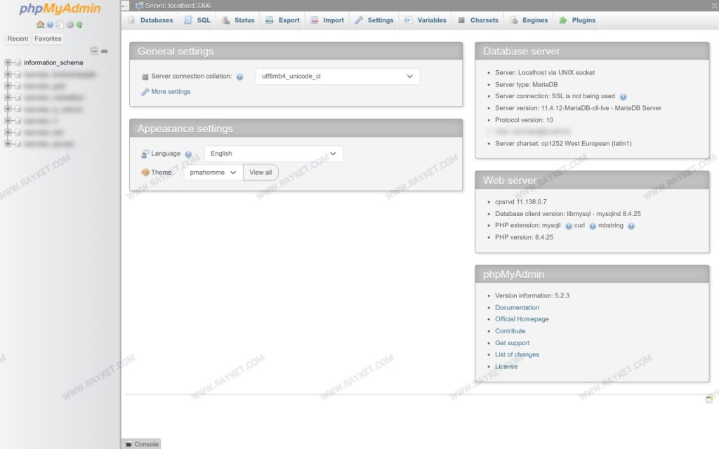 محیط phpMyAdmin برای خروجی گرفتن از دیتابیس