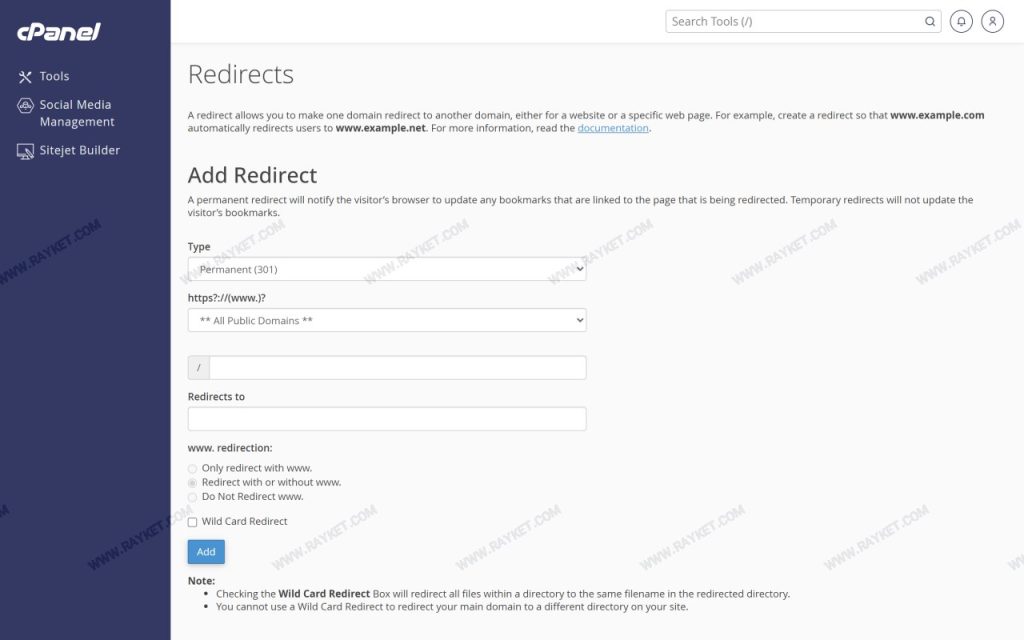 صفحه Redirects در سیپنل برای ساخت ریدایرکت