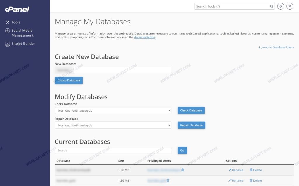 صفحه MySQL Databases در سیپنل برای ساخت دیتابیس