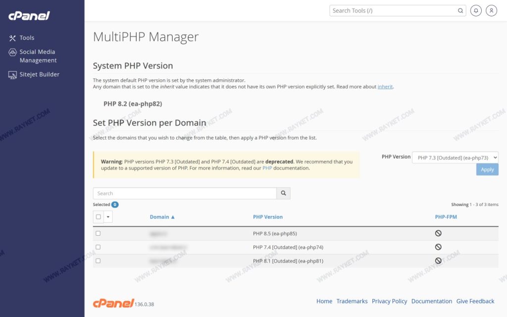 صفحه MultiPHP Manager در سیپنل