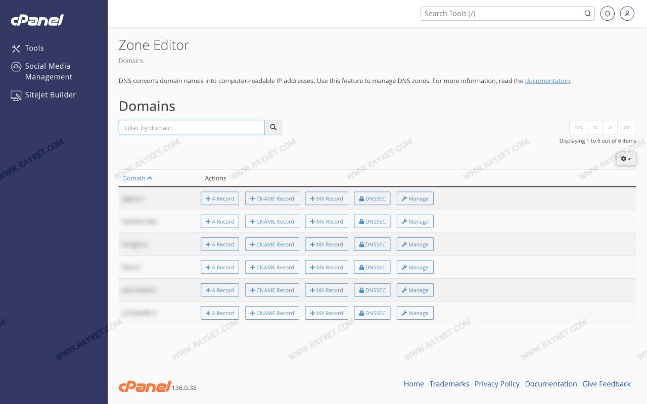 نمونه محیط Zone Editor سیپنل برای مشاهده و مدیریت رکوردهای DNS دامنه