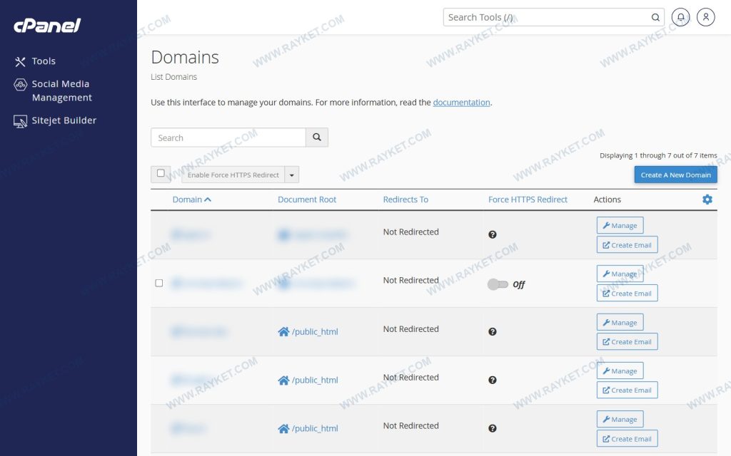 فهرست دامنهها در سیپنل با ستون Document Root و Force HTTPS Redirect