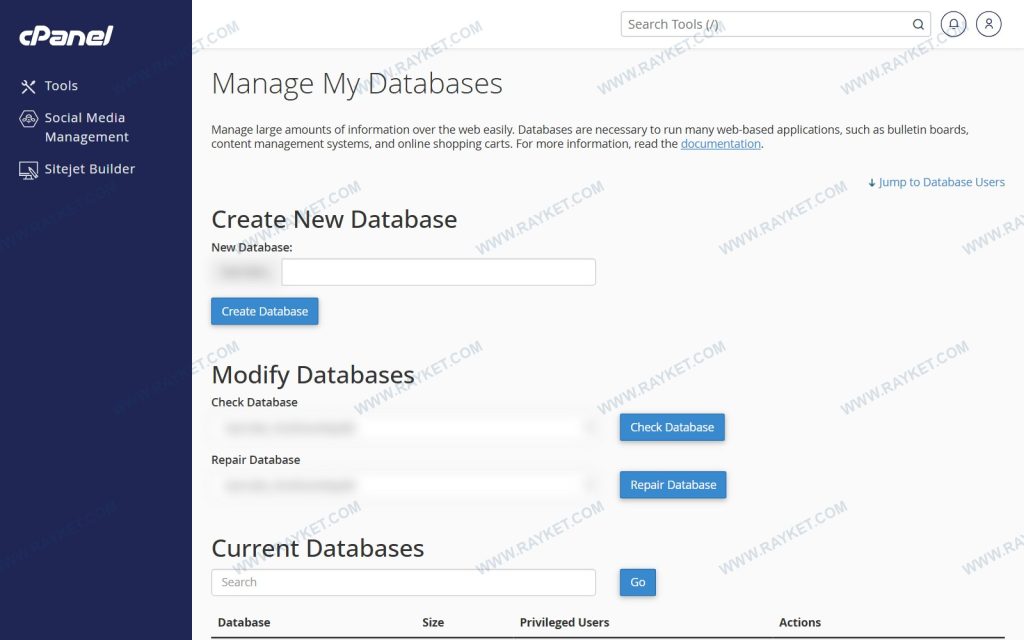 بخش Modify Databases در سیپنل با دکمههای Check Database و Repair Database
