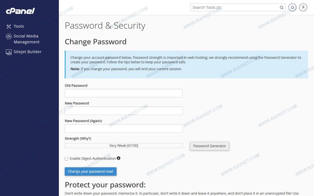 صفحه Password & Security سی‌پنل برای تغییر رمز حساب