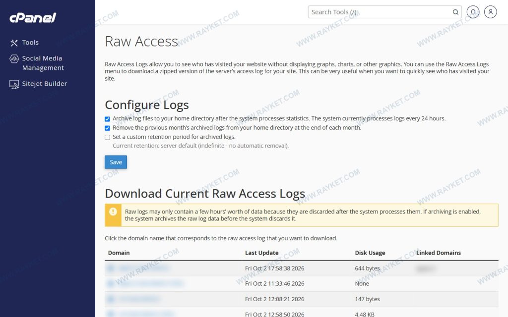 صفحه Raw Access سیپنل با تنظیمات آرشیو و دانلود لاگ دسترسی هر دامنه