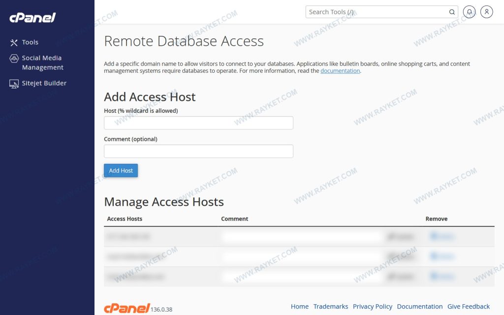 صفحه Remote Database Access سی‌پنل برای افزودن آی‌پی مجاز
