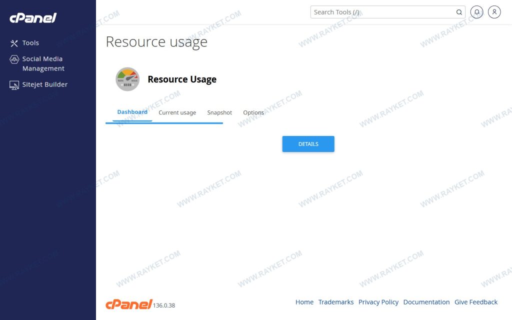 صفحه Resource Usage سیپنل با زبانههای Dashboard، Current usage و Snapshot