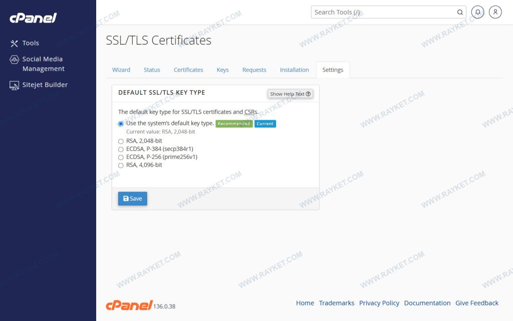 زبانه‌های Wizard، Status، Certificates، Keys، Requests و Installation در SSL/TLS سی‌پنل