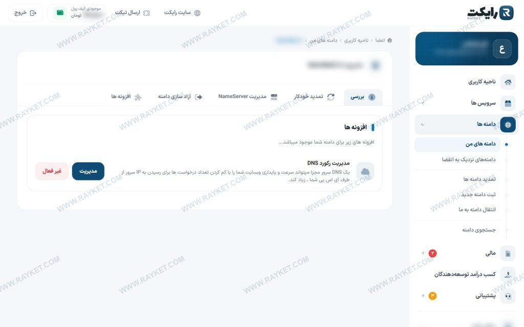 زبانه افزونه‌های دامنه و گزینه مدیریت DNS