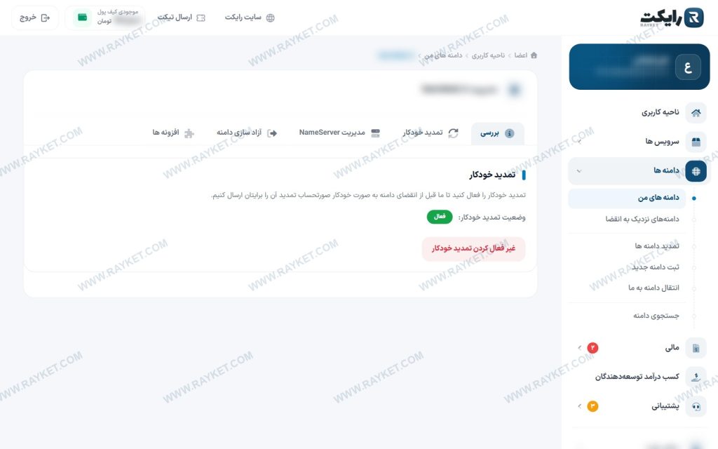 زبانه تمدید خودکار دامنه در ناحیه کاربری رایکت