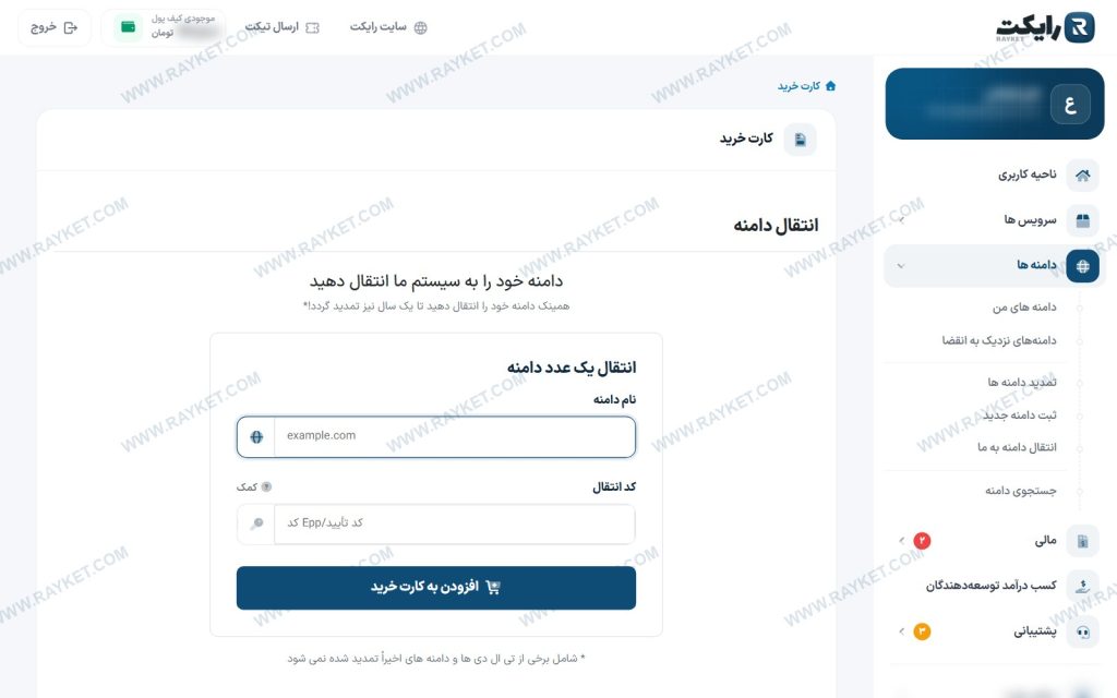 فرم انتقال دامنه به رایکت با نام دامنه و کد انتقال