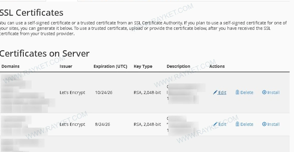 فهرست واقعی گواهیهای ذخیرهشده در سیپنل با ستون Domains و Expiration UTC؛ نامها و توضیحات خصوصی بلور شدهاند