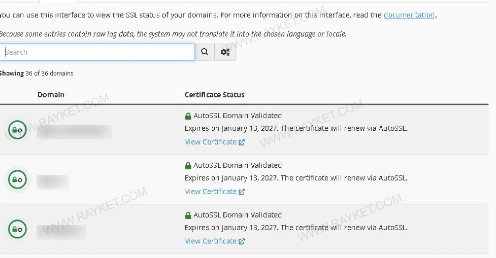 وضعیت واقعی SSL در سی‌پنل با برچسب AutoSSL Domain Validated و تاریخ انقضا؛ نام‌ها بلور شده‌اند