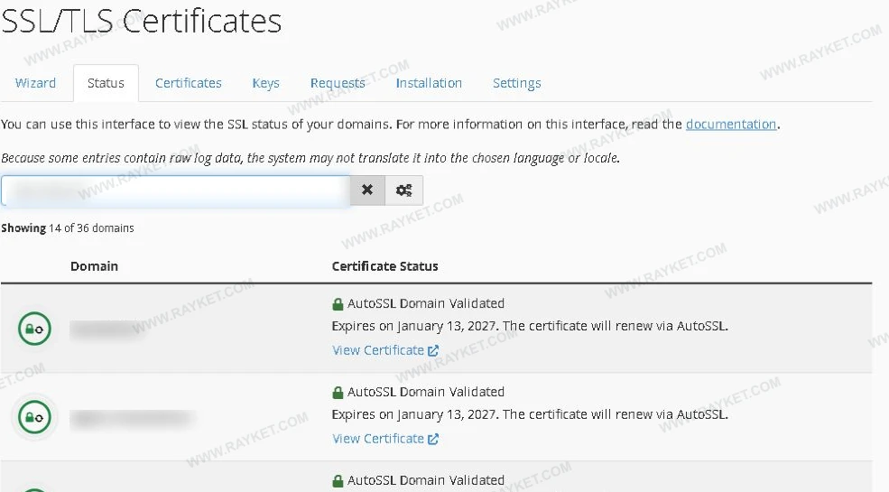 زبانهٔ واقعی Status در SSL/TLS Certificates سی‌پنل با نام‌های دامنهٔ بلورشده و ستون Certificate Status