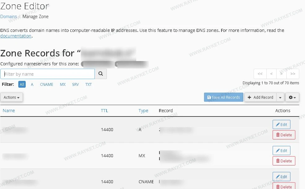 فهرست واقعی Manage Zone در سی‌پنل با ستون Type و مقادیر خصوصی بلورشده؛ ردیف‌های A و MX و CNAME در قاب دیده می‌شوند