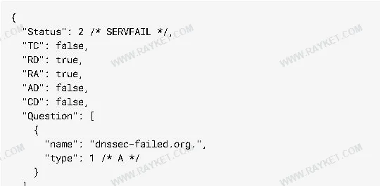 پاسخ واقعی Google Public DNS برای dnssec-failed.org با Status 2 و CD false