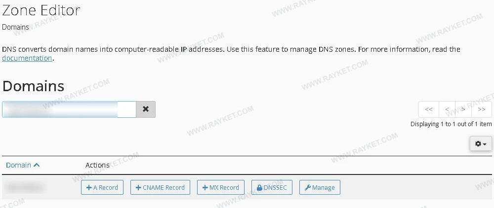 فهرست واقعی Zone Editor در سی‌پنل با دکمهٔ DNSSEC و نام دامنهٔ بلورشده